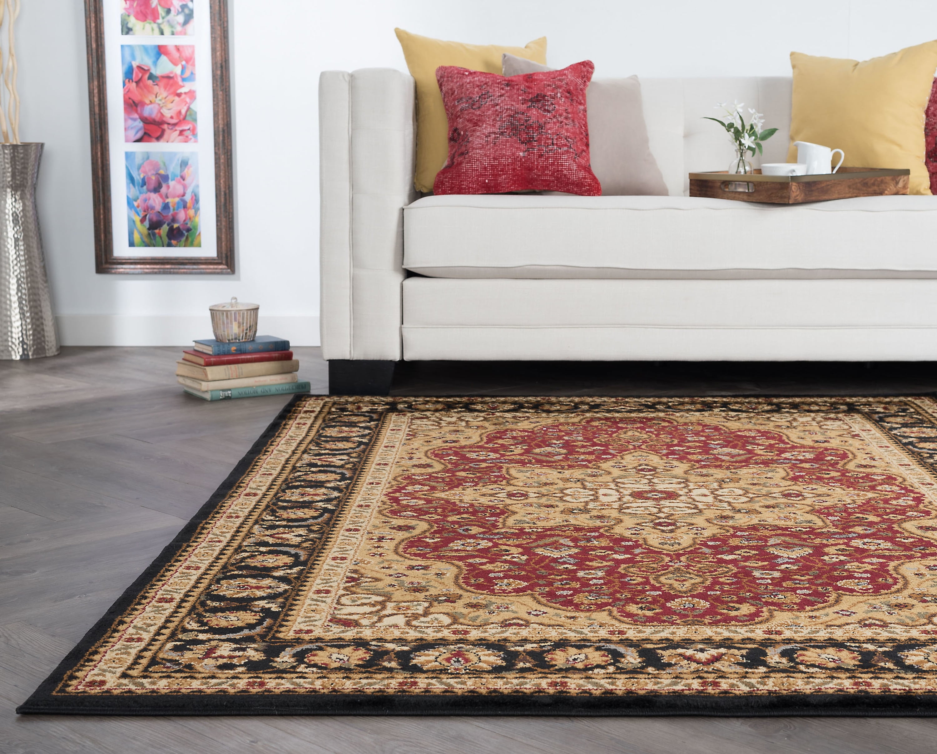Traditional 5x7 Area Rug (5' x 7') Oriental Red, Black Living Room Easy to Clean