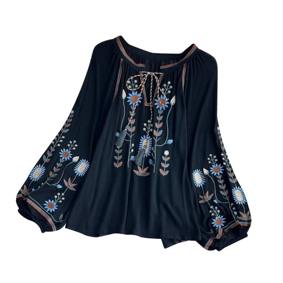Blusa bordada para mujer con bordado floral y mangas abullonadas Negro