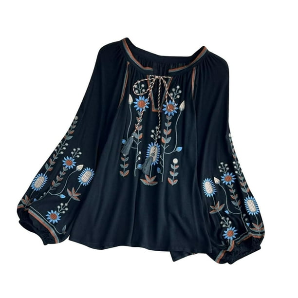 Blusa bordada para mujer, ligera, floral, bordada, informal, estilo bohemio Negro