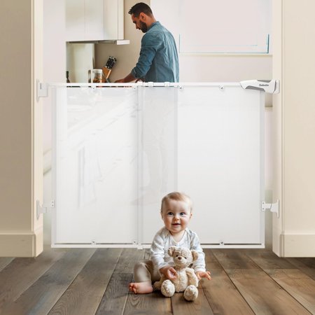 26-43" No Bottom Bar Baby Gate for Babies, Elders and Pets, Mesh Gate with Large Walk Thru Door, One-Handed Open, Auto-Closing, Hardware Mount Safety Gate for Stairs and Doorways, White
