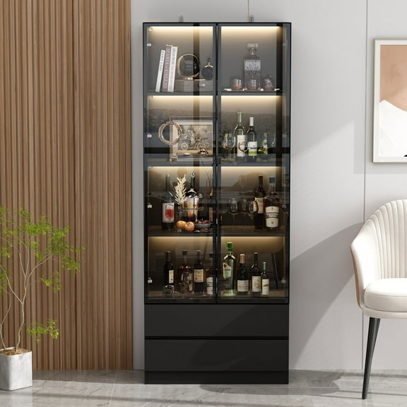 Oxylife Bookcase Display Cabinet with Lights, Pop-up Glass Doors, 2 Drawers and 4 Shelves