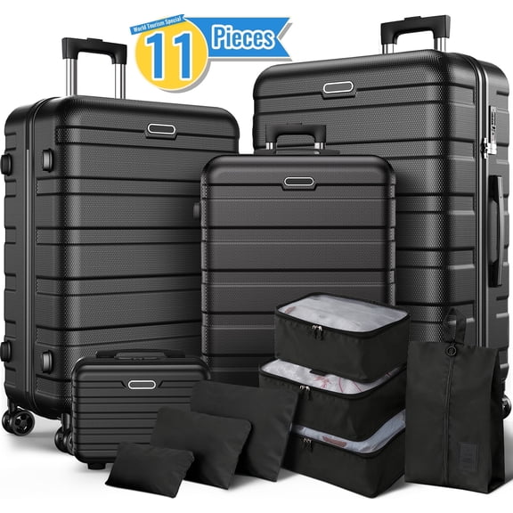 11PCS Luggage Set – 4 Hardside Spinner Suitcases (14”/20”/24”/28”) 7 Packing Cubes, Lightweight Durable Travel Luggage with 360°Spinner Wheels for Family, Business, Vacation