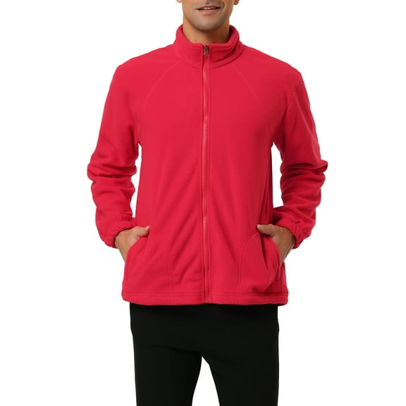 INSPIRE CHIC Men's Full Zip Stand Collar Polar Fleece Jacket Long Sleeve Red M