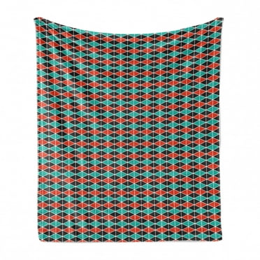Geometric Soft Flannel Fleece Throw Blanket, Zigzag Lines with Triangles and Hexagons Abstract Shapes Pattern, Cozy Plush for Indoor and Outdoor Use, 50" x 60", Dark Coral Sea Green, by Ambesonne