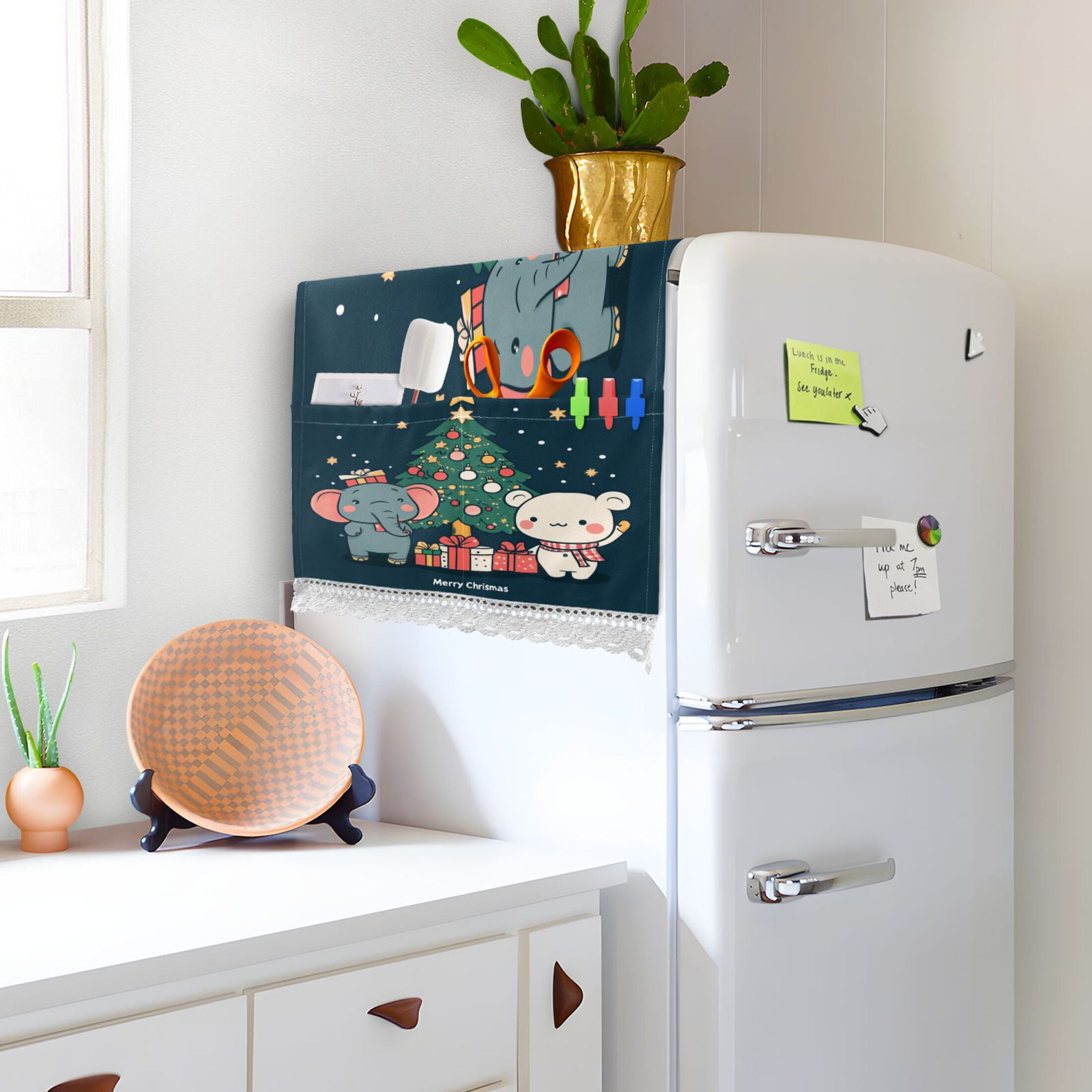 Cute Elephant and White BearWasher and Dryer Covers Dust-Proof and Oil Resistant Fridge Cover with 4 Storage Pockets Washing Machine Top Cover for Laundry Kitchen Home 51.2 x 22 In