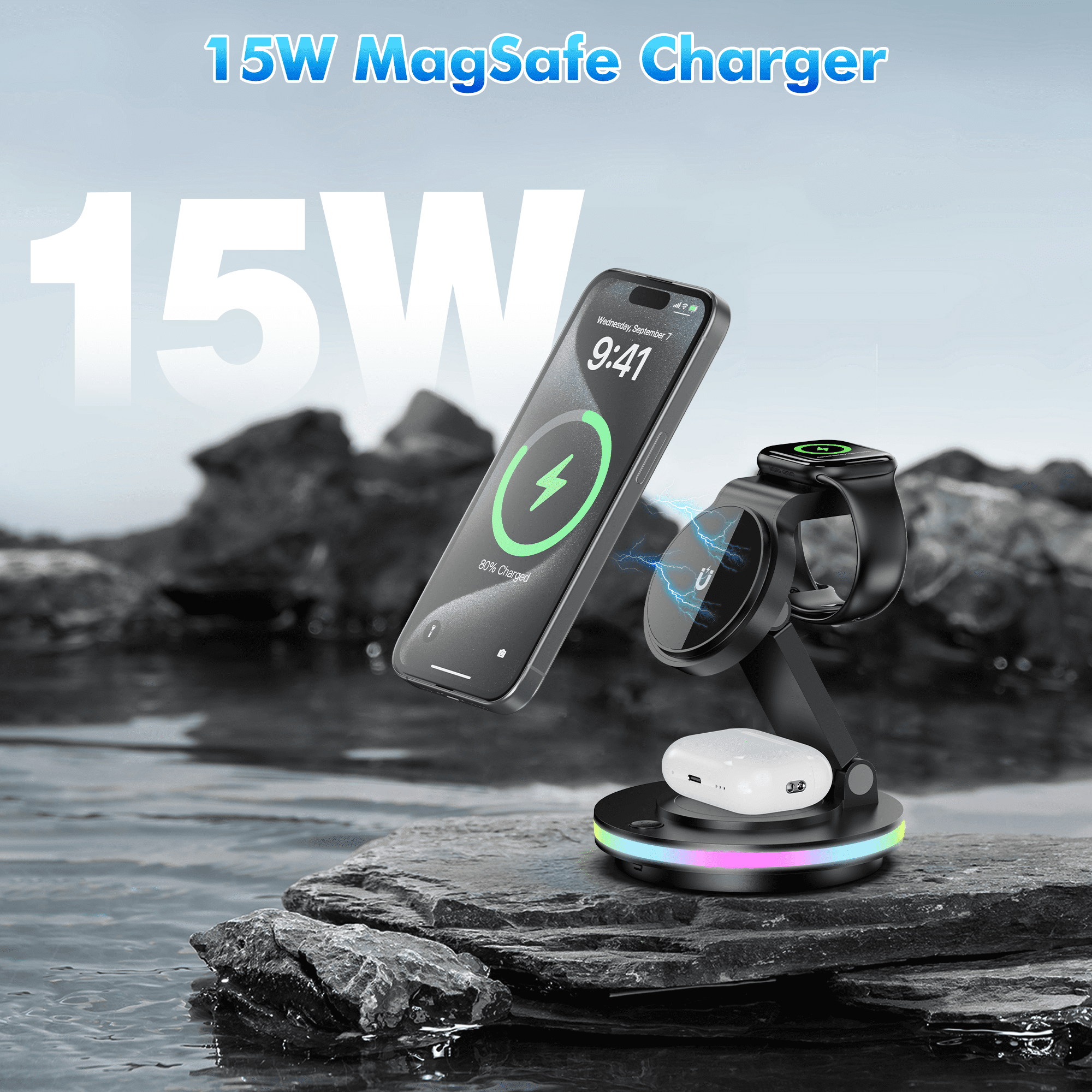 OWNTECH 20W 3-in-1 Wireless Charging Station Compatible with iPhone 16/15/14/Pro/Max, Apple Watch, AirPods Pro/4/3/2 - Fast Charger Pad with Night Light & Adapter Included (Black)