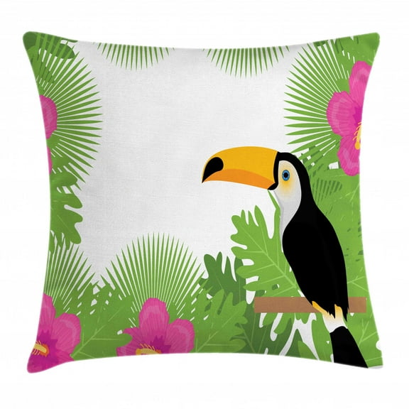 Tropical Throw Pillow Cushion Cover, Exotic Scenery of Flowers Plants and Bird Toucan, Decorative Square Accent Pillow Case, 18" X 18", Lime Green Pink Charcoal Grey and Orange, by Ambesonne