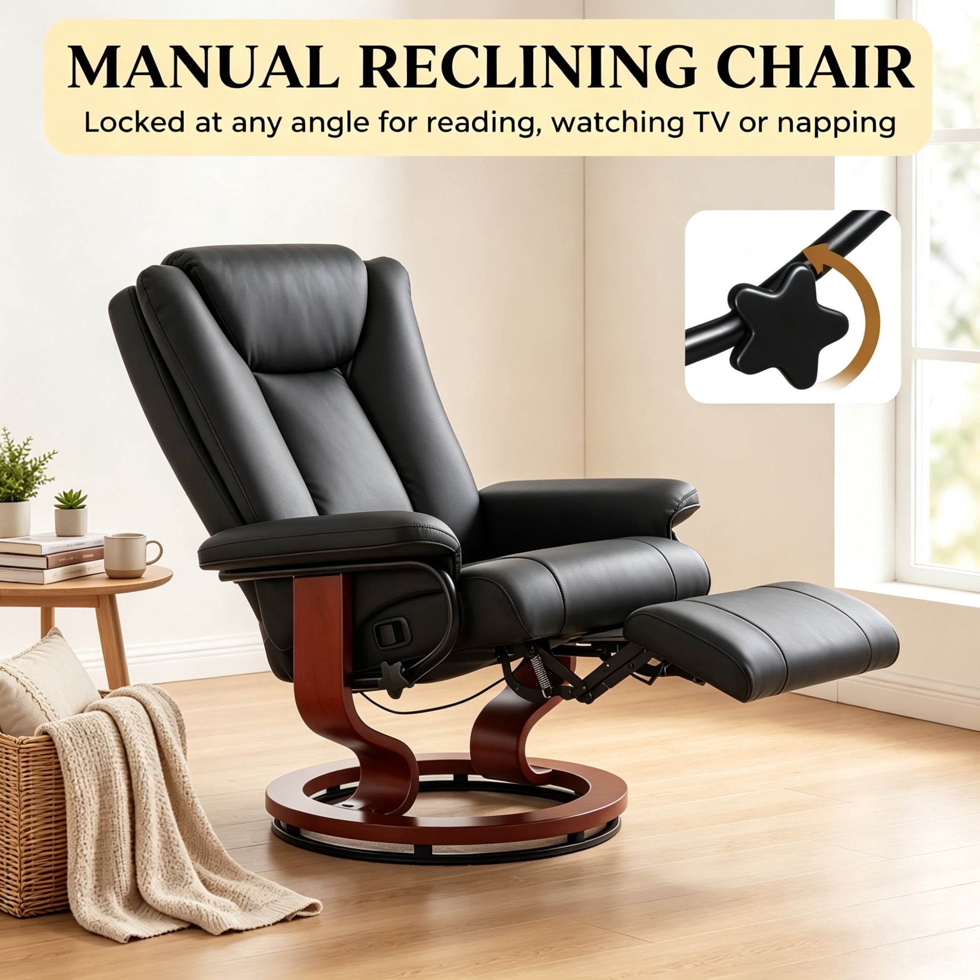 Modern Leather Swivel Recliner with Footrest, Compact Armchair