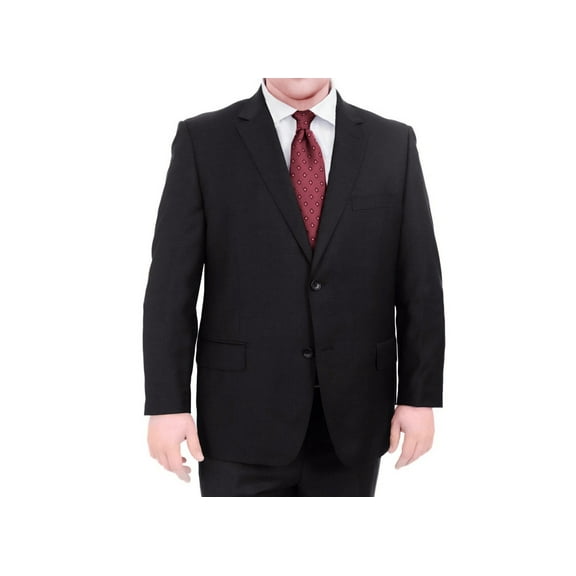 Mens Portly Fit Solid Black Two Button Wool Blazer Suit Jacket