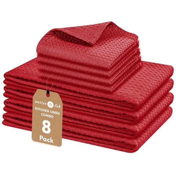 Native Fab 8 Piece Kitchen Towel & Dish Cloth Set - 100% Cotton, Soft, Absorbent, Quick Drying & Durable Cloths for Cleaning, Cooking - Machine Washable, Perfect for Home, Bars & Everyday Use - Red