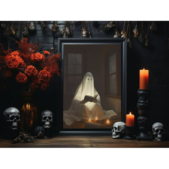 Ghost Reading Book By The Candle, Ghost Posters, Ghost Art Print, Horror Posters, Vintage Poster, Dark Academia, Halloween Decor, Wall Art - Best gifts your whole family