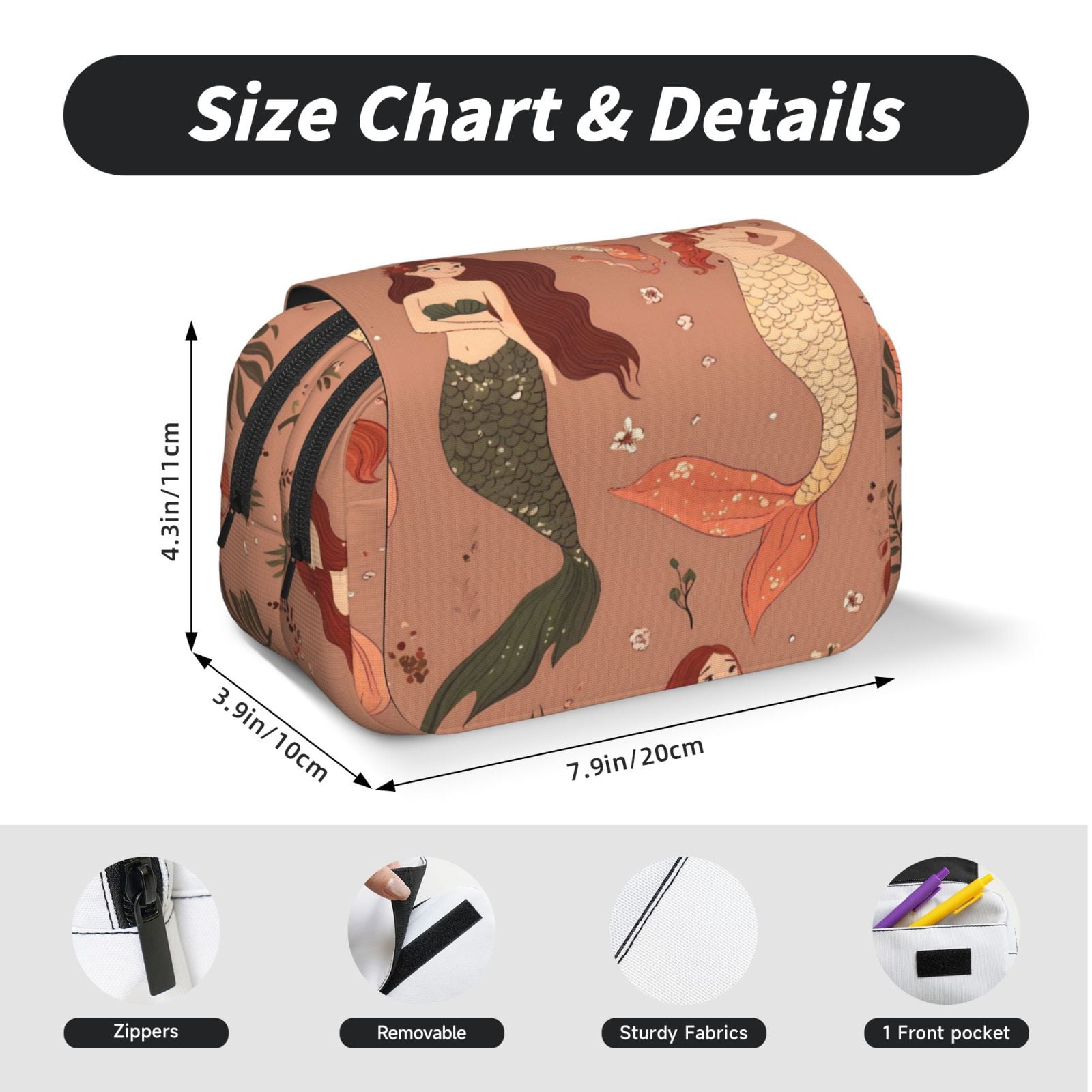Large-Capacity Flip-Top Double-Layer Pencil Case, Multi-Functional Pocket Pen Case, Durable Stationery Organizer Mermaid