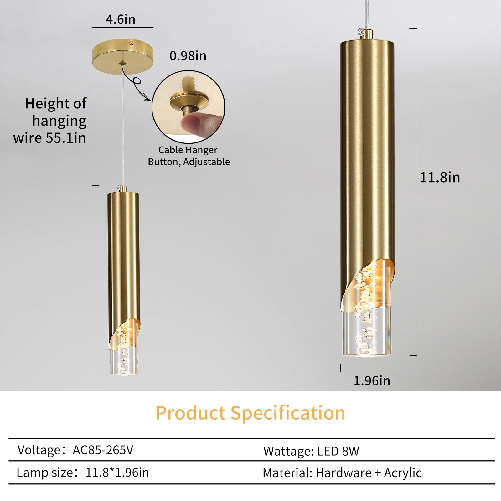 Modern Linear Pendant Light for Kitchen Island, LED Hanging Light Fixture with Bubble Acrylic, 3 Color 3000K/4500K/6500K, Mini Ceiling Chandelier Lighting for Dining Room, Bedroom, Hallway