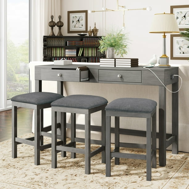 Sesslife Long Bar Table And Chairs Set Counter Height Console With Stools Behind Couch Gray Com Sesslife Long Bar Table And Chairs Set, Console Table Set With Stools