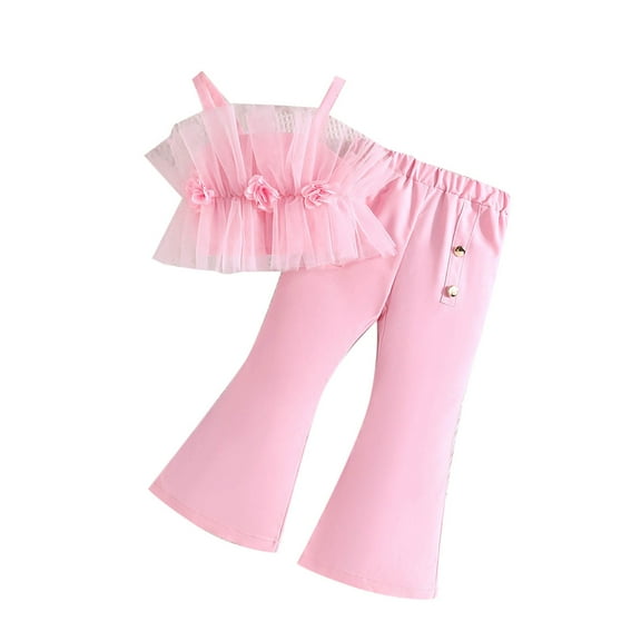 Toddler Girl's 2 Piece Summer Outfit Floral Front Ruffle Hem Cami Tops and Bell Bottoms Flare Pant Set for 2-8 Years