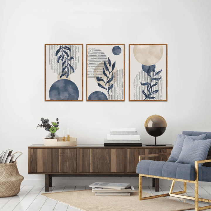 Boho Plant Wall Art Set of 3,Blue Bohemain Framed Canvas,Abstract Geometric Line Wall Painting,Modern Nature Prints,Botanical and Moon Wall Art for Living Room Bedroom Office - 3Pieces,16”X24”