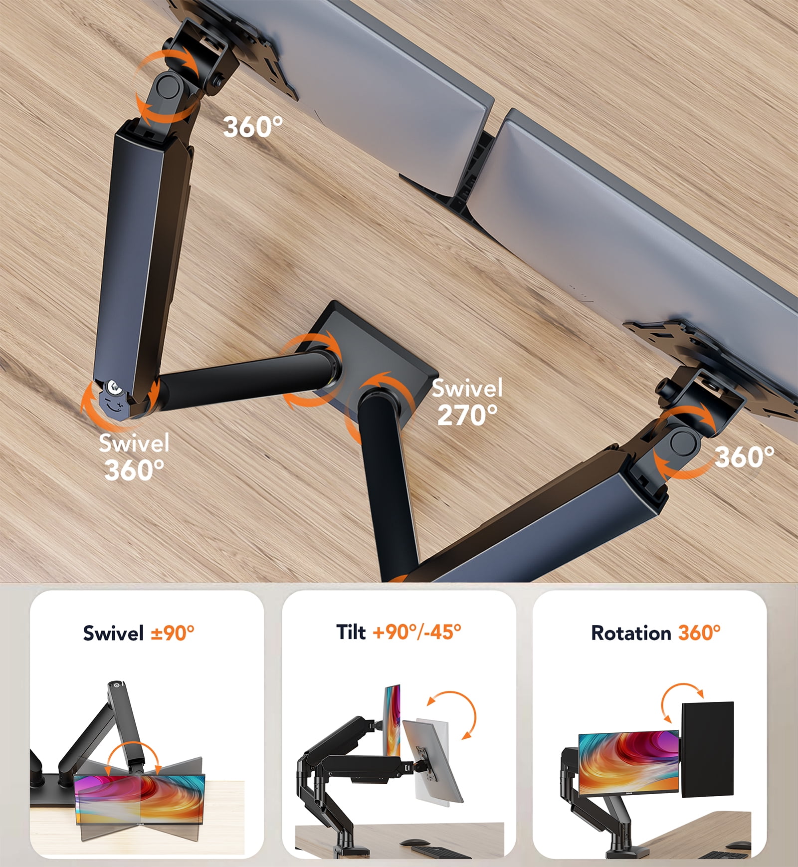 Dual Monitor Stand Adjustable Monitor Desk Mount for 17″–32″ Computer Screens, Full Motion VESA Pattern 75x75/100x100 with C-Clamp & Grommet Aluminum Base, Each Arm Holds 4.4 to 20 lbs HD09B-201