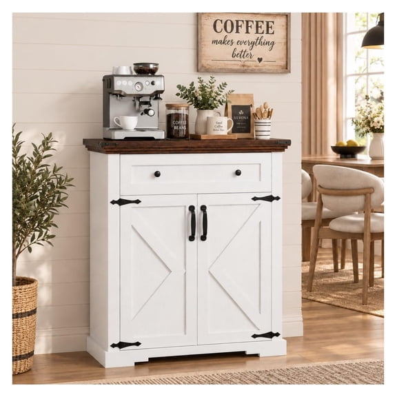 White Coffee Bar Cabinet with Storage, 27.6" W Farmhouse Buffet Sideboard, Small Kitchen Storage Cabinet with Drawer and Adjustable Shelf, Farmhouse Sideboard for Living Room or Dining Room
