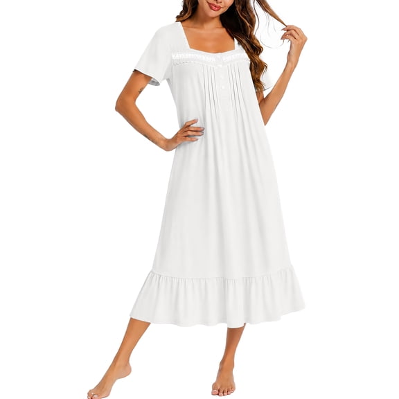 Ekouaer Cotton Long Nightgowns for Women Short Sleeve Night Gown Button House Dress Lace Trim Sleep Shirt Soft Nightshirt