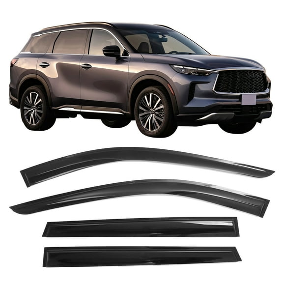 Ikon Motorsports Tape On Window Visors for 2022-2026 Infiniti QX60, Mugen Style Smoke Acrylic Deflector Rain Guard 4PCS