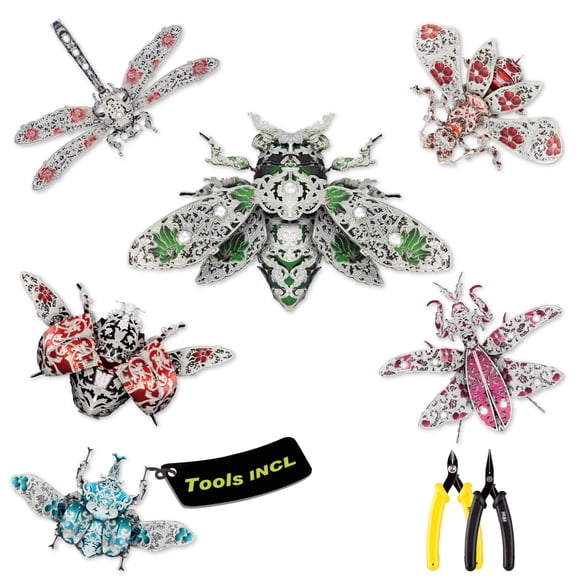 Piececool 3D Puzzles for Adults, 6pcs/Lots Insect Themed Brooches Metal Models Building Kits, Interesting Assembling Crafts Set with Tools for Beginn