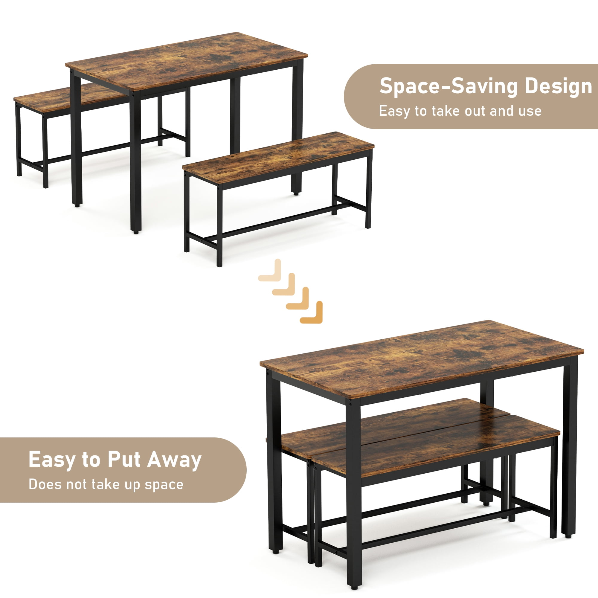 Aukfa Dining Table Set for 4, Kitchen Dining Table Set with 2 Bench ,Brown