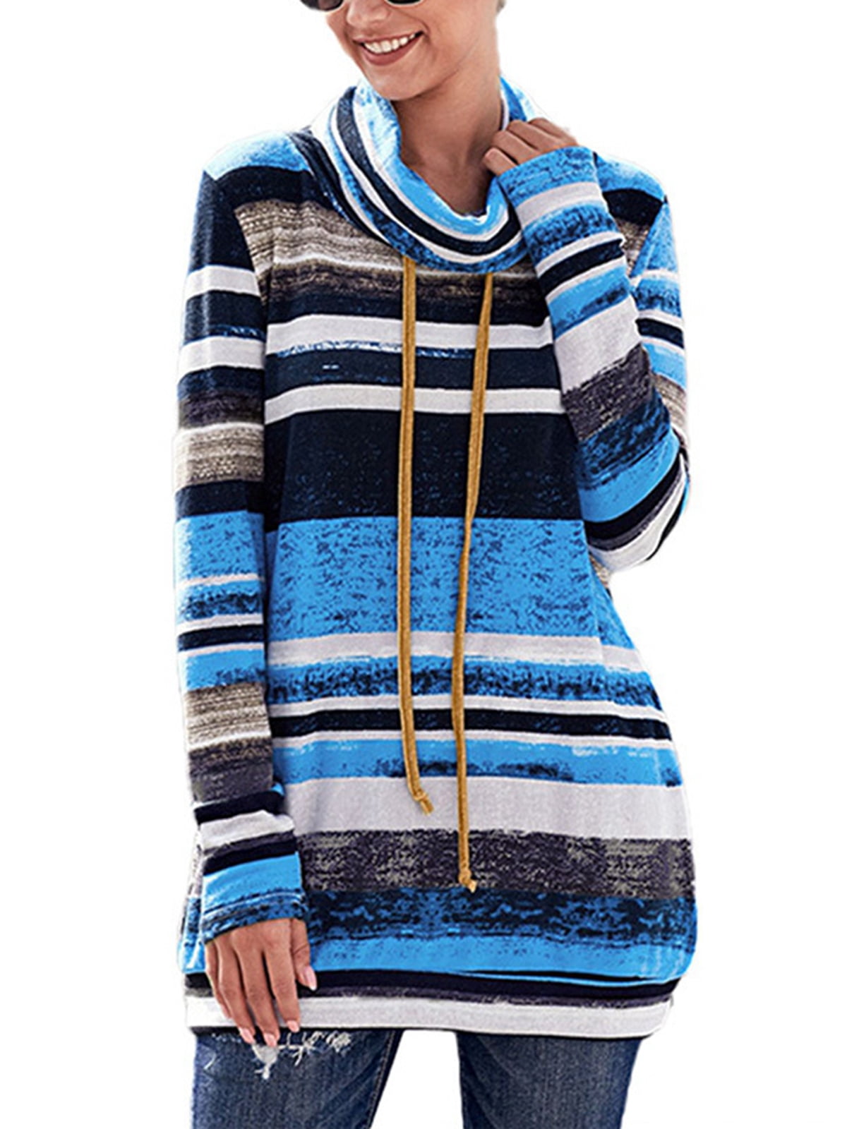 Benboy Women's Striped Color Block Sweatshirt Casual Long Sleeve Turtleneck Pullover Tops, Size: Small, Blue
