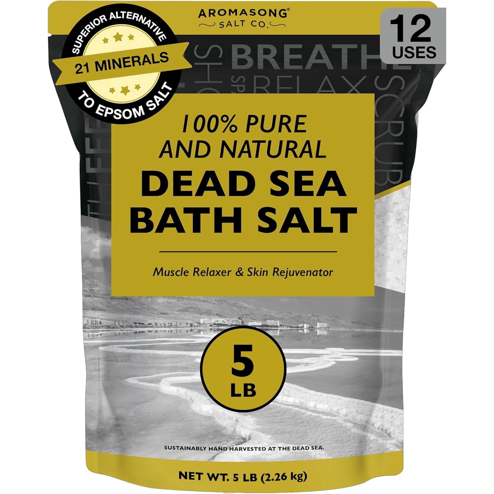 Aromasong Dead Sea Salt Bath Soak, 5 lb Bulk Mineral Sea Salt for Bath, Foot Soak, Detox & Home Spa Use