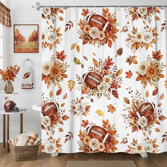 Fall Shower Curtain, Autumn Football Leaves Floral Fall Thanksgiving Shower Curtains for Bathroom, Waterproof Polyester Fabric Bath Curtain with Hooks ,72Wx72H