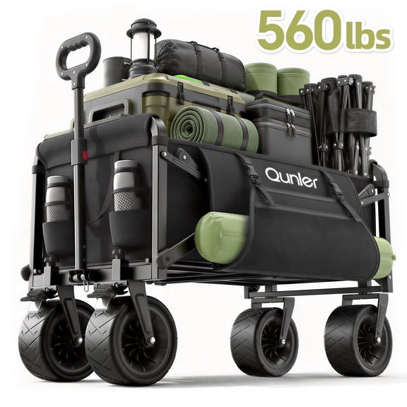 Qunler Collapsible Wagon Cart, 560lbs Heavy Duty Large Utility Garden Cart with Brake Wheels and Side Pocket for Camping, Shopping, Kids, Sports, Grocery, Black