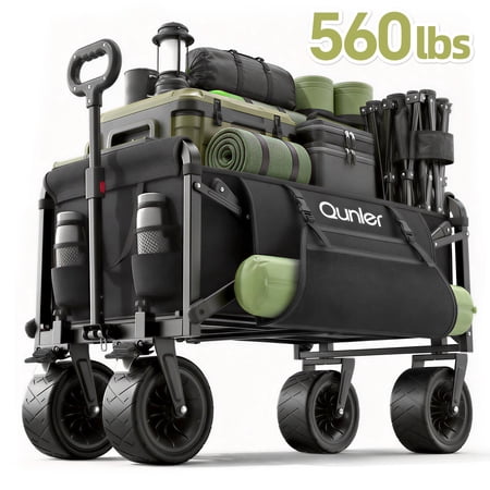 Qunler Collapsible Wagon Cart 560lbs Heavy Duty Large Utility Garden Cart with Brake Wheels and Side Pocket for Camping Shopping Kids Sports Grocery Black