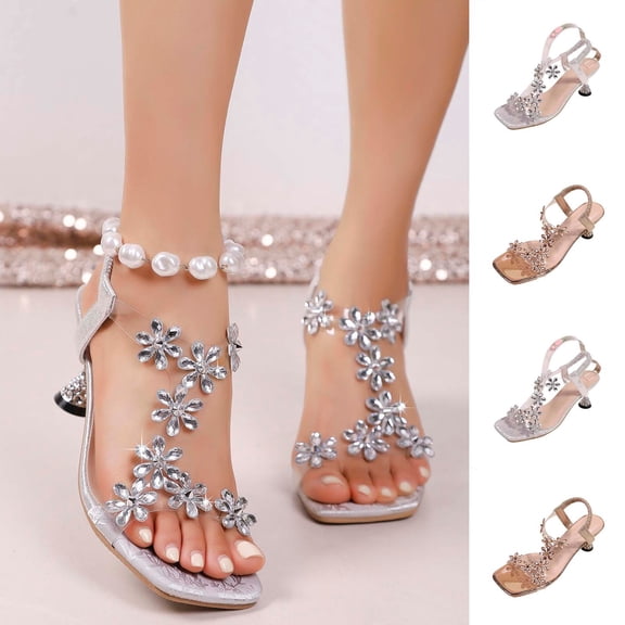 Tqyyweavej Women's Evening Sandals Rhinestone Flower Clear Block Slim High Heel Sandals Oversize Open Square Toe Dressy Sandals Gifts for Women