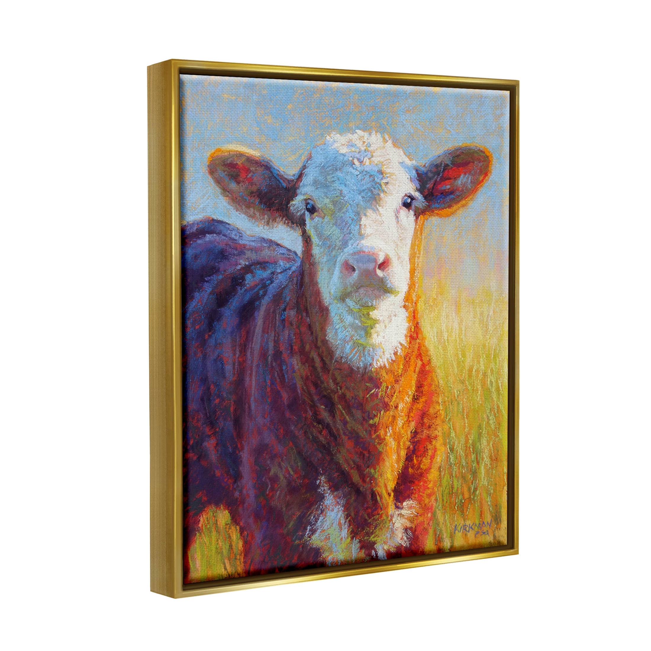 Happy Cow Farmhouse Grassland Animals & Insects Painting Metallic Gold Framed Art Print Wall Art