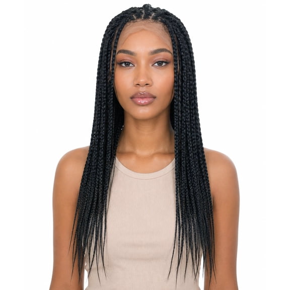 LUXLUXE 27.5 Inch Box Braids Wig, 4x4 Hand Tied Lace Front Synthetic Heat Resistant Braided Wig for Daily Wear Party Cosplay