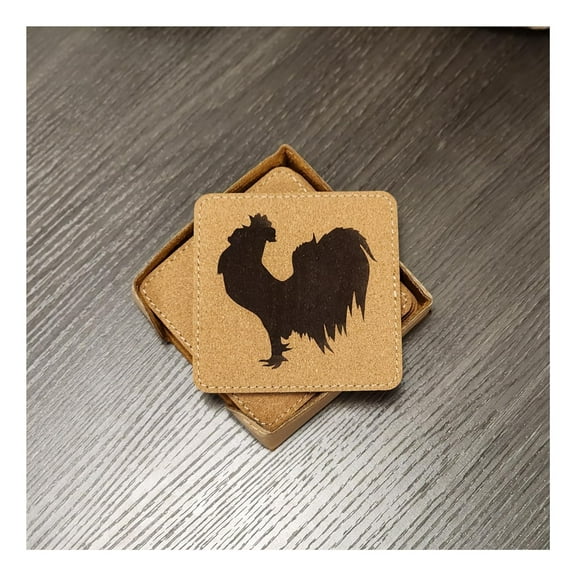 Farmhouse Rooster Coasters - Handmade Coasters Set of 6 - Engraved Barware Decorations - Leather Bar Decor - Man Cave Father's Day Present (Black/Gold)