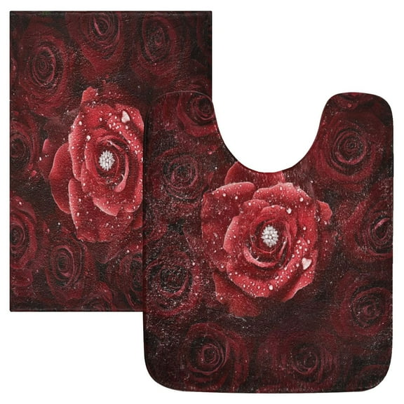 2 Piece Soft Bathroom Rug Set Red Rose Arrangements Bath Mat and U-Shaped Toilet Contour Rug (16"x24" 20"x24")