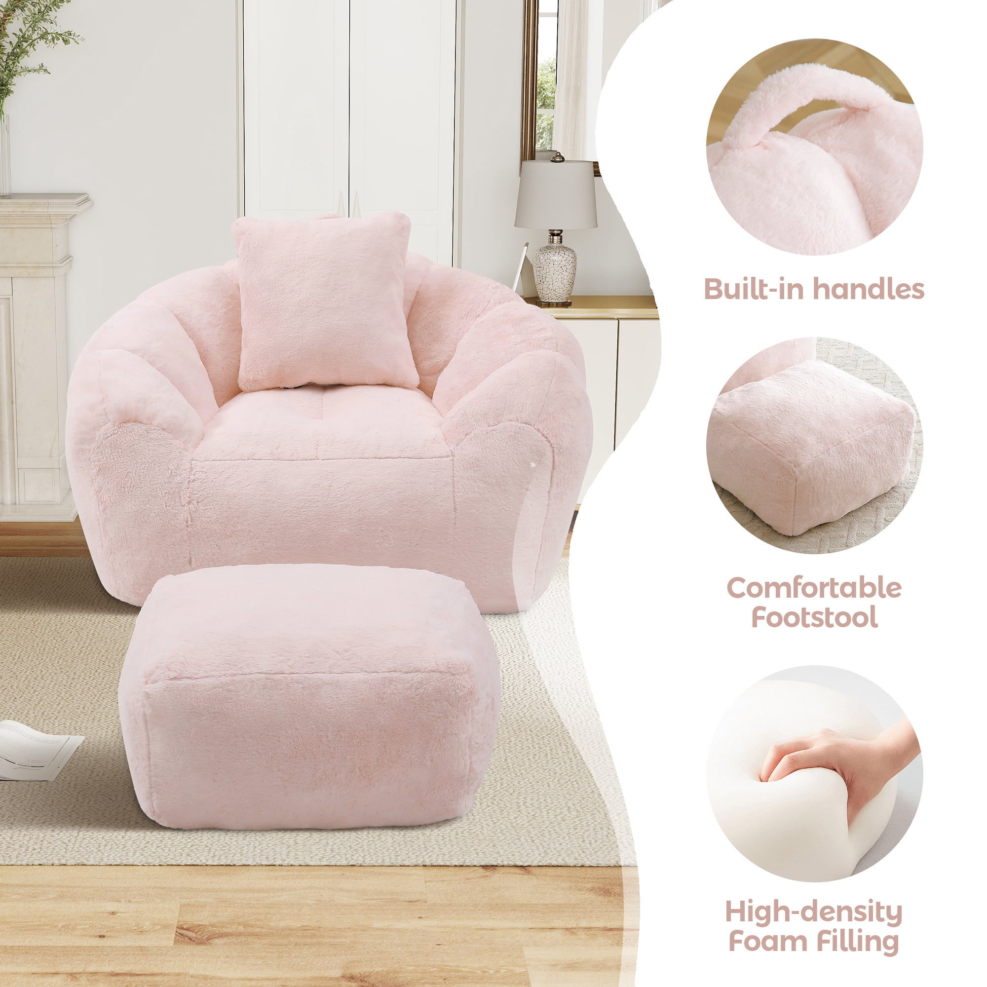 Aukfa Giant Bean Bag Chair,Lounge Chair Floor Lazy Sofa Bed with Ottoman & Pillow,Pink