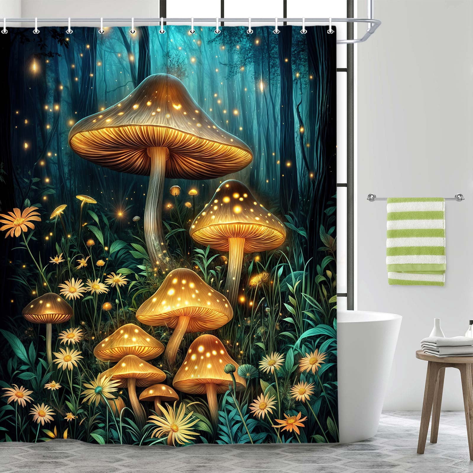 Mushroom Shower Curtain for Bathroom, Mushroom Fantasy Fairy Tale Forest Vintage Botanical Wild Plants Fantasy Fairy Tale Forest Bathroom Shower Curtain Set with Hooks,70X84