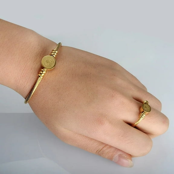 Catholic Saint Benedict 14K Yellow Gold Ring bracelet Set For Women San Benito Adjustable Anillos Mujer