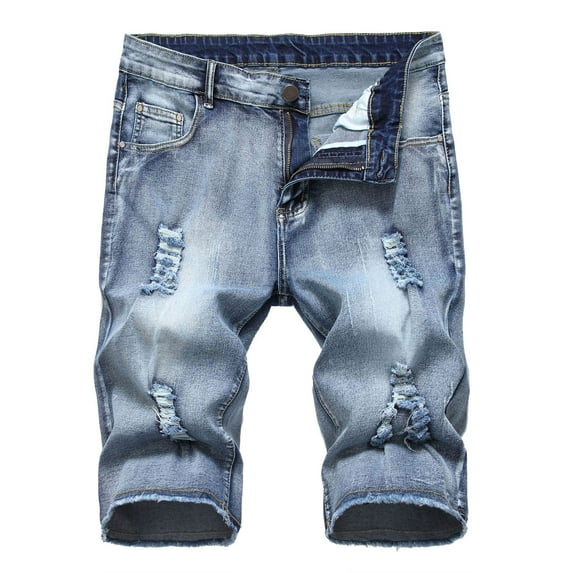 IROINNID Men's Denim Bermuda Shorts Zipper Elastic Waist Jeans Casual Play Wrap Ripped Men's Mid-length Denim Pants, Gray