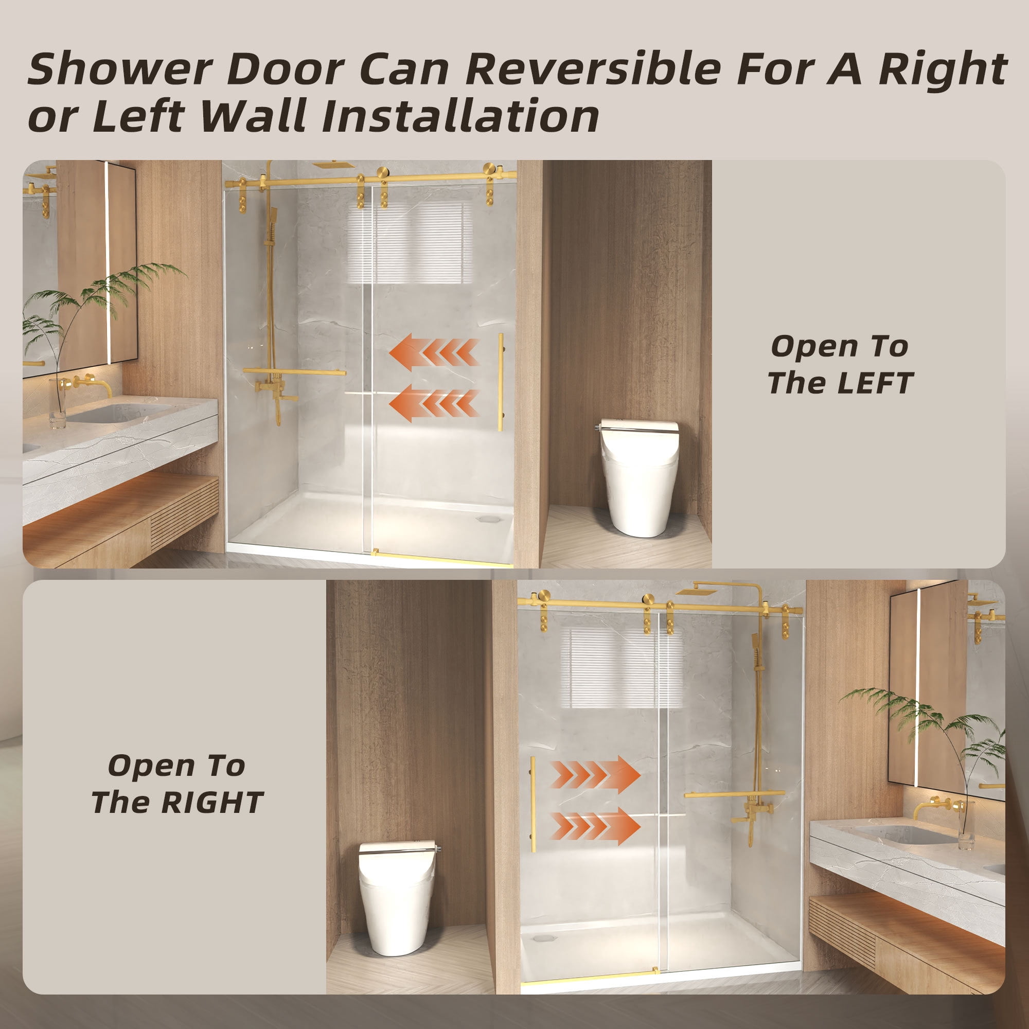 Leumius 50-54" x 76" H Frameless Sliding Shower Door, 5/16" Clear Tempered Glass,Stainless Steel Frame for Bathroom,Brushed Gold