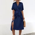 thumbnail image 2 of Women's 2024 Summer Wrap Cotton Linen Dress Elegant V Neck Short Sleeve Casual Solid Midi Dresses, 2 of 8