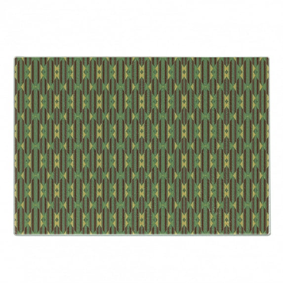 Kente Pattern Cutting Board, Retro Revival Diamond Line Pattern with Vertical Stripes, Decorative Tempered Glass Cutting and Serving Board, Small Size, Sea Green Mustard, by Ambesonne