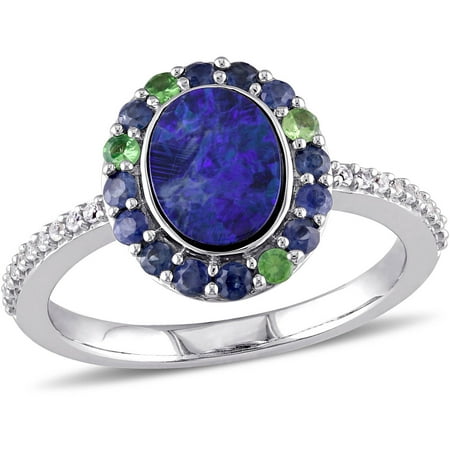 Tangelo 1-2/5 Carat T.G.W. Blue Opal, Sapphire, Tsavorite and White Sapphire 10kt White Gold Halo Cocktail Fashion Ring