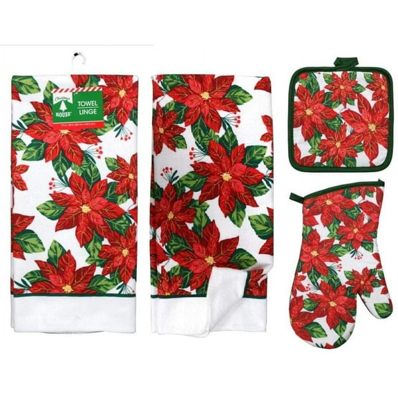 Poinsettia 5 Piece Christmas Kitchen Linen Bundle With 2 Dish Towels, 2 Potholders, and 1 Oven Mitt €¦