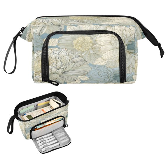 Fish Mouth Pencil Bag 9.45*3.74*5.9 Inches Pencil Bag Pencil Case Pencil Box Makeup Bag Suitable for Office and Study Cartoon Cream White Illustrated Bloom