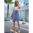 thumbnail image 2 of Women'S High Waisted Split Front Raw Hem Bodycon Midi Denim Skirt Blue S, 2 of 8