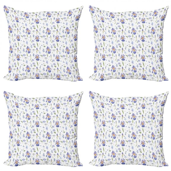 Garden Art Throw Pillow Cushion Case Pack of 4, Blossoming Flowers and Dragonfly Motif Thriving Romantic Nature Illustration, Modern Accent Double-Sided Print, 4 Sizes, Multicolor, by Ambesonne