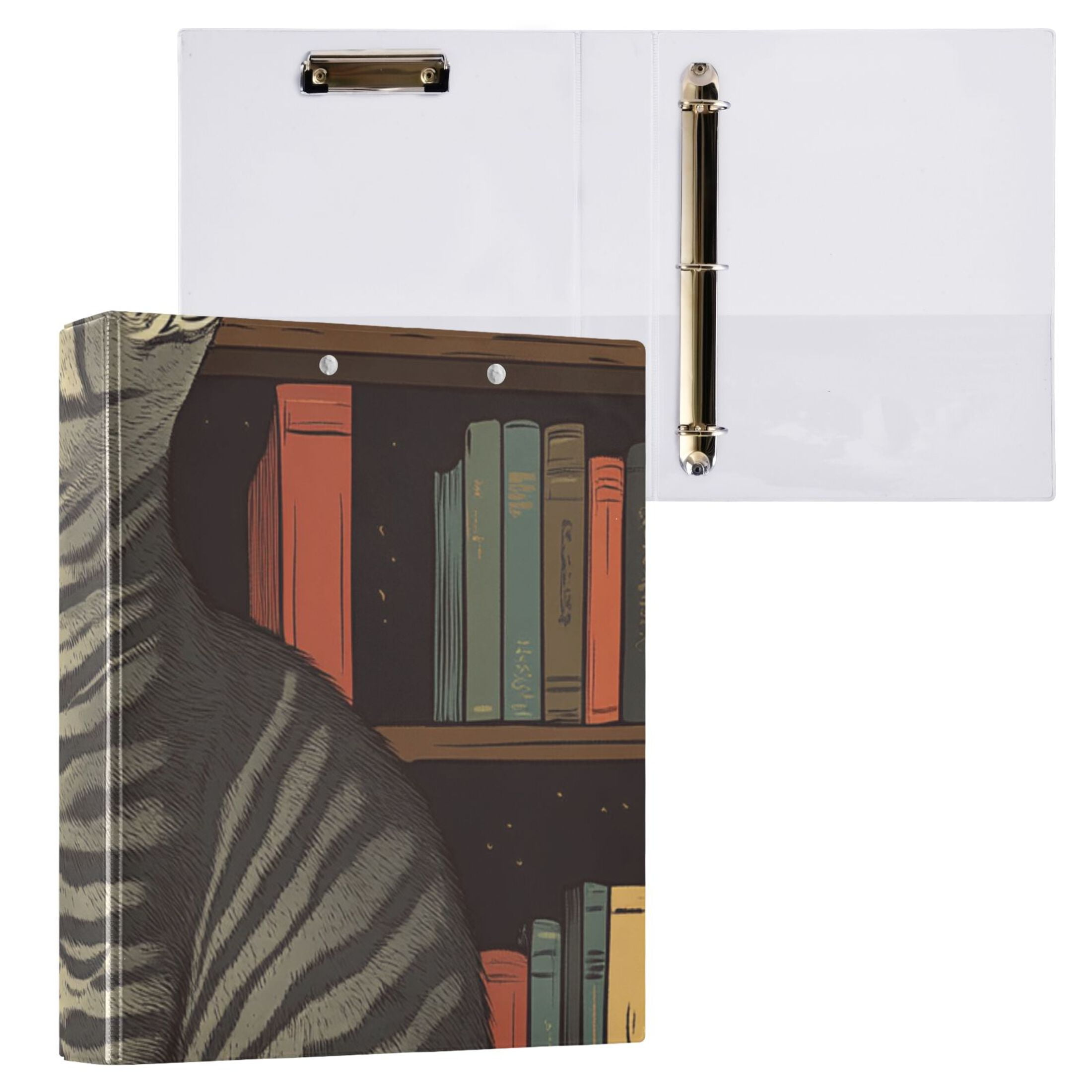 Cat Bookshelf 3 Ring Binders 1.5 inch Hardcover File Folders with Interior Pockets A4 Size Organizer for School Office Hospital