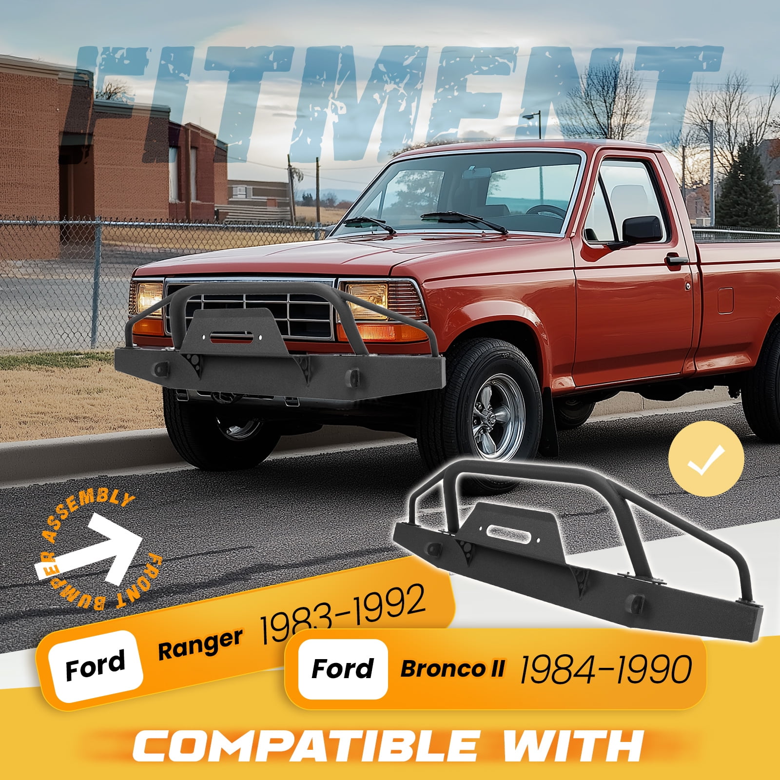 KOJEM Front Bumper Compatible with 1983-1992 Ford Ranger & 1984-1990 Ford Bronco II w/Winch Plate Bull Bar Powder Coated Black Steel